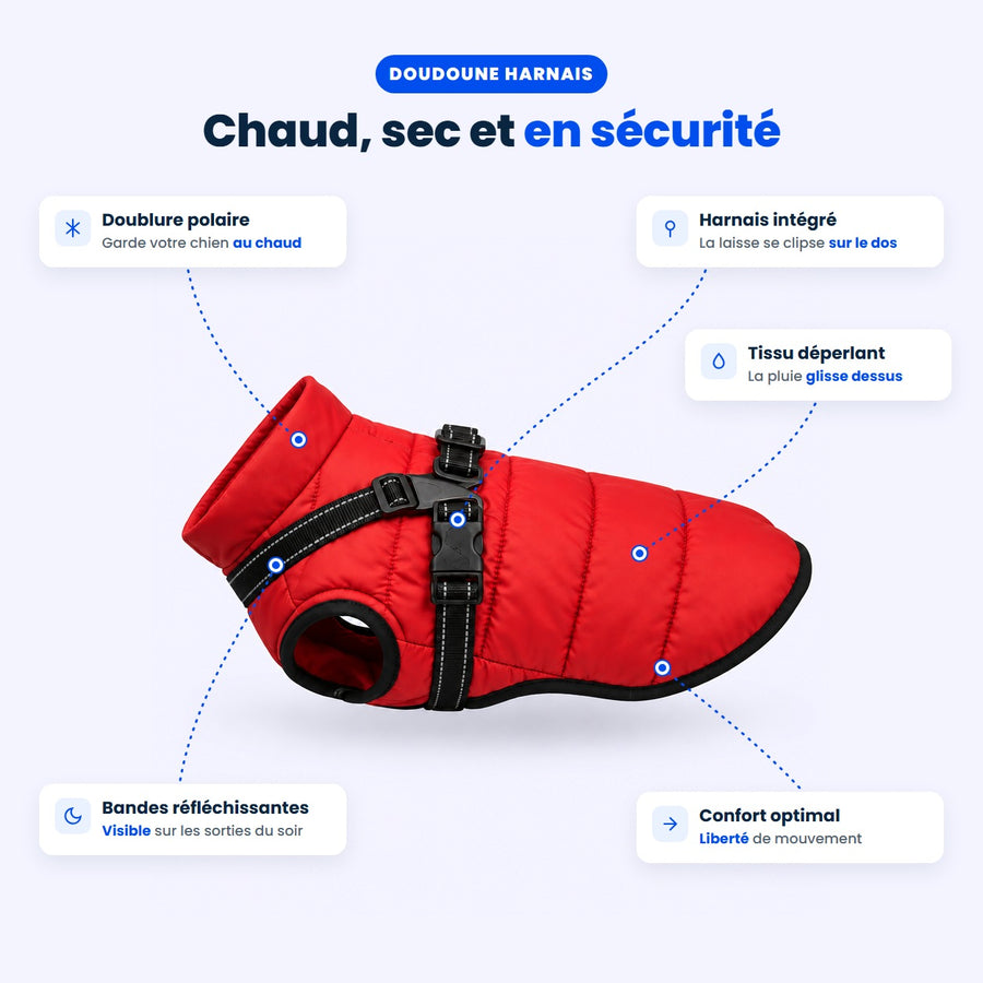 Doudoune harnais Ovora : doublure polaire, harnais intégré, tissu déperlant, bandes réfléchissantes